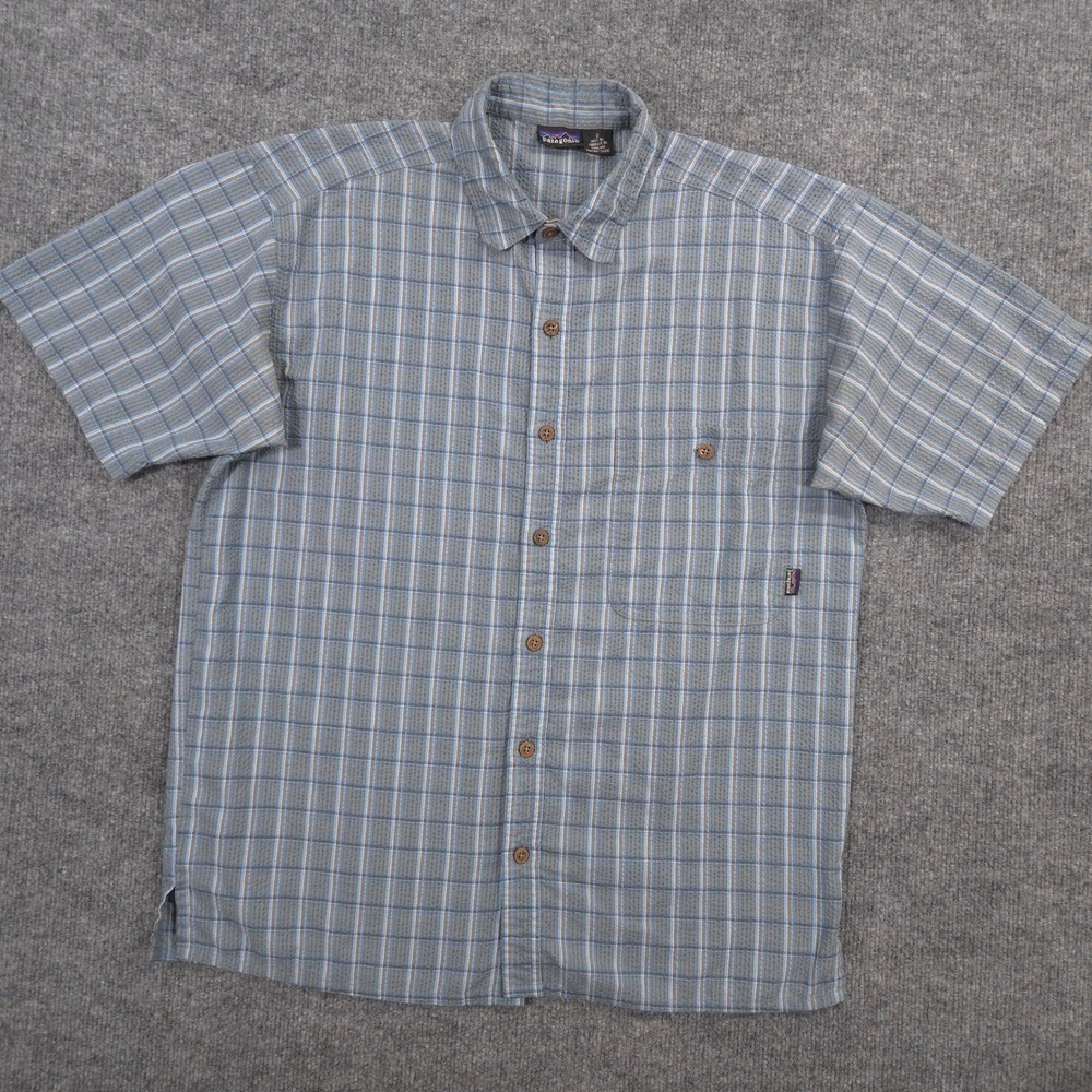Vintage Patagonia Puckerware Shirt Mens Small Blue Plaid Seersucker Short Sleeve